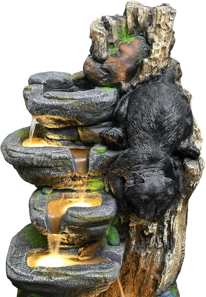 39" Outdoor Garden Water Fountain with Lights 5 Tiers Cascading Large Waterfall Floor Standing Fountain for Patio, Backyard, Deck, Porch and Home Art Decor