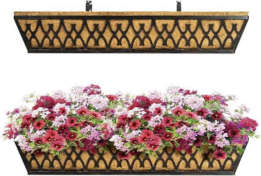 Window Boxes Planters: 2 Pack 30 Inch Railing Planter Box with Adjustable Brackets for Porch Fence Patio Balcony Hanging Flower Baskets with Coco Liners for Outdoor Garden Decor - Bronze