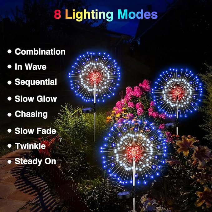 4th of July Firework Solar Garden Lights, Red Blue White Solar Firework Lights with 120 LED 2 Lighting Modes, Outdoor Waterproof Yard Lighting for Independence Day Memorial Day Decor, 4 Pack