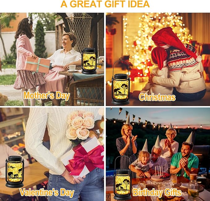 2 Pack Outdoor Hanging Solar Lanterns, Elephants Vintage Glass Mason Jar Fairy Lights, Mothers Day Gifts for Women Mom Grandma, Waterproof Garden Lights for Patio Yard Lawn Tree Party Decor