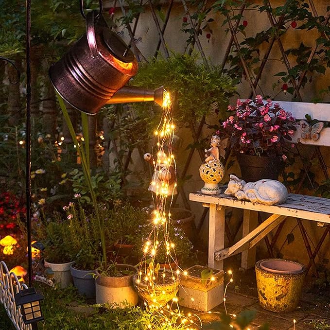 Watering Can LED String Lights - Stars Solar Shower Garden Lamp Decoration Waterproof Fairy Solar Light Ornament Copper Wire Bee Day Outdoors Hanging String Lamps Lawn Path(with Bracket)