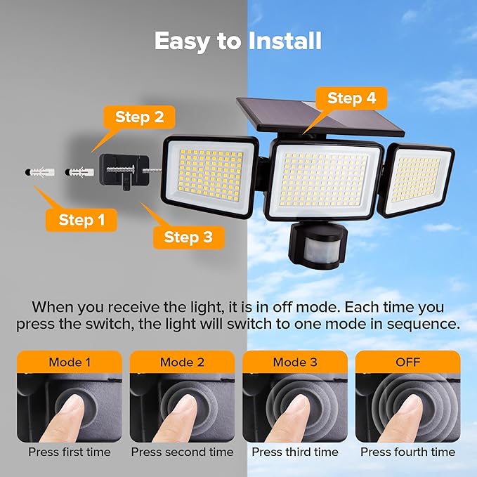 UME Solar Outdoor Lights 302 LED 3000LM, IP65 Waterproof Motion Sensor Outdoor Lights, 3 Heads Solar Security Flood Lights 270 Wide Lighting Angle with 3 Modes for Garden Patio Yard