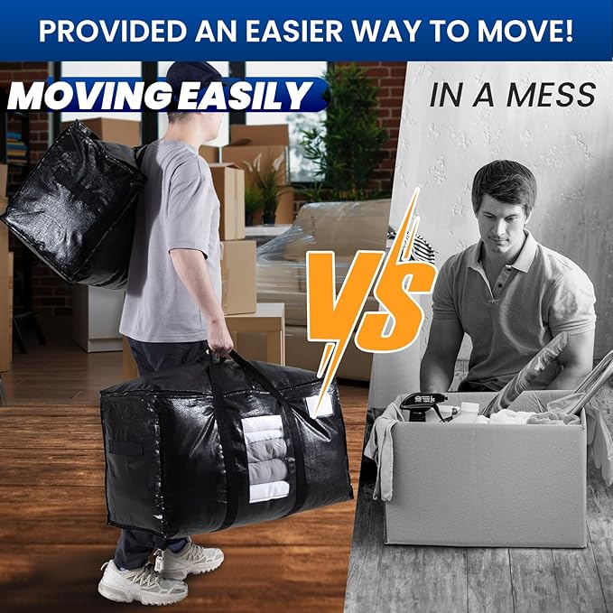 TAILI Extra Large Moving Bags, 6 Pack Black Heavy Duty Totes For Storage with Visible Window, Wrap Around Handles, Storage Bags for Space Saving, Alternative to Moving Boxes