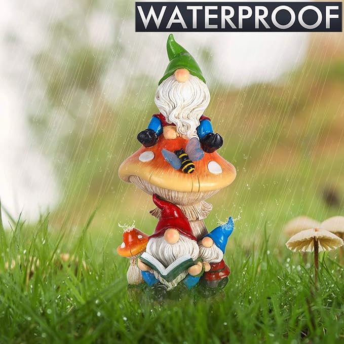 TERESA'S COLLECTIONS Garden Gnomes Statues Decorations for Yard with Solar Lights, Resin Sculptures& Statues on Mushroom Reading Garden Outdoor for Patio Lawn Ornaments,Ideal Gifts for Mom, 12.6"