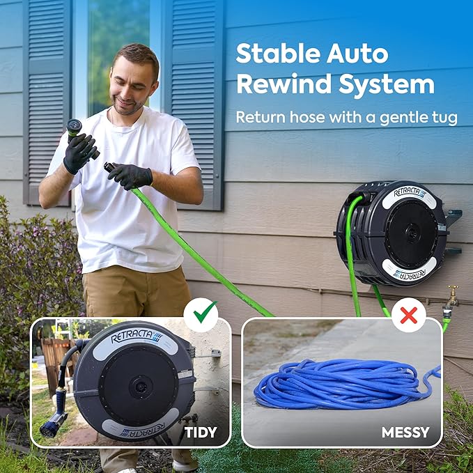 Macnaught Retractable Garden Hose Reel, 60 Ft Water Hose Reel Heavy Duty Retractable Hose with Metal 180° Swivel Rotation Bracket for Wall Mount - Gray