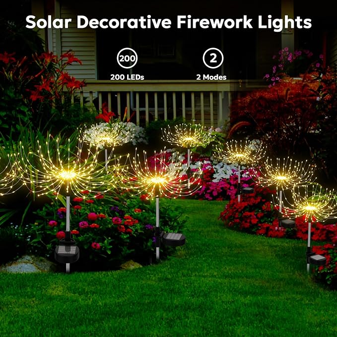 Solar Garden Lights Outdoor Waterproof 200 LED Fireworks Lights Solar Powered Sparkles Landscape Fairy Light Outside Decorations Light for Yard Patio Pathway Lawn Party Walkway Decor, 6 Pack