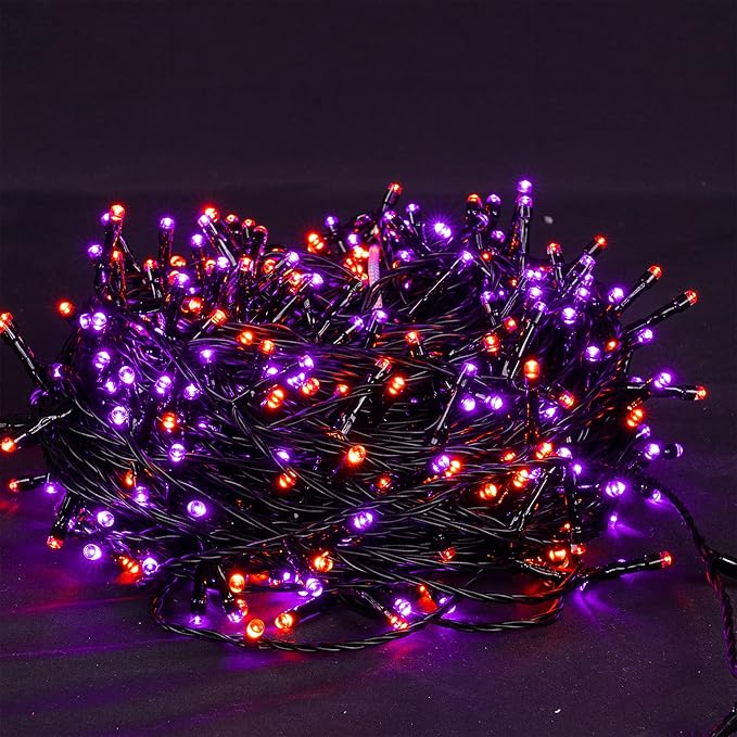 DAZZLE BRIGHT Halloween 300 LED String Lights, 100FT String Lights with 8 Lighting Modes, Halloween Decorations for Party Carnival Supplies, Outdoor Yard Garden Decor (Purple & Orange)