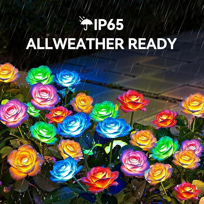 WdtPro 2025 New Solar Lights Outdoor Decorative 6 Pack, Garden Lights Solar Powered Flowers Rose Light Waterproof, Color Changing Solar Outdoor Light for Outside Patio Yard Grave Garden Decor, Gifts