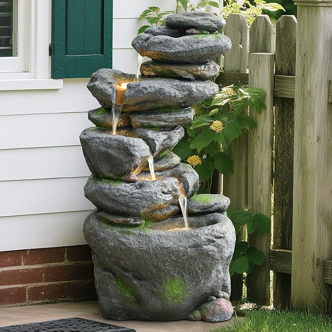 38" Outdoor Garden Water Fountain with Lights 5 Tiers Cascading Large Waterfall Floor Standing Fountain for Patio, Backyard, Deck, Porch and Home Art Decor