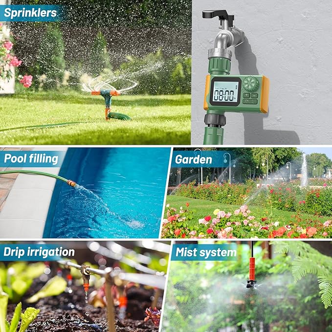 Sprinkler Timer, Hoses Timer for Watering, Outdoor Irrigation Timers, Water Scheduling Device for Tube Programmable with Auto/Manual/Rain-Delay System, Water Hoses Timers for Yard, Lawn, Pool(Green)