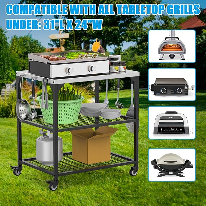 Outdoor Grill Cart 31x24x35 Pizza Oven Table for Ooni Blackstone Ninja Woodfire Flat-top Grills Stainless Steel Trolley Three-Shelf Movable Food Prep and Work Stand Table with Waterproof Cover