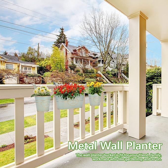 PerGar Vintage Metal Iron Wall Hanging Flower Pots, Rustic Planter Bucket Herb Flower Plant Holder with Detachable Hooks & Drainage Hole for Railing Fence Balcony Deck Garden Home Decoration, Set of 3