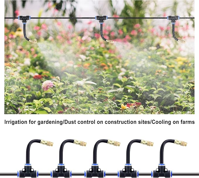 Mornajina 5Packs Brass Misting Nozzles Tee with 4inch Built in Hose for Outdoor Cooling System, Adjustable 360° Rotation, Water Mister Nozzles Thread Sprayer 0.043" (1.1 mm)