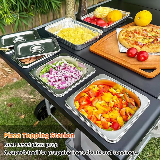 Pizza Oven Table Grill Cart with Pizza Topping Station Movable Food and Prep Workcart Outdoor Grill Table Stand for Ninja Woodfire Blackstone Griddle Cuisinart etc Grill