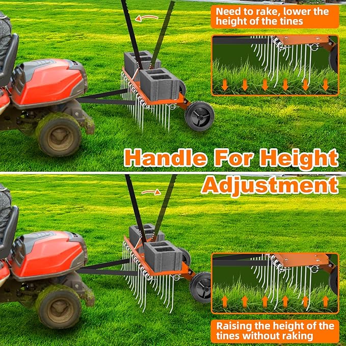 48inch Tow Behind Dethatcher with 24 Spring Steel Tines, Lawn Tractor Rakes with Lift Handle, Tow Behind Rake to Remove Thatch, Riding Lawn Mower Attachments for Outdoor Yard Tools Lawn Care