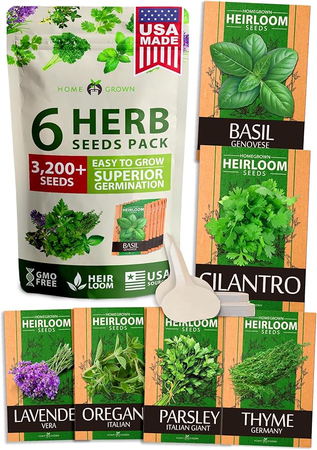 HOME GROWN 6 Herb Seeds for Planting 3,200+ Non-GMO Heirloom Seeds | Extra Large Variety Pack Herb Kit – Indoor Outdoor & Hydroponic | Culinary Seed Set | Grow Your Own Herbs | Gift for Beginners