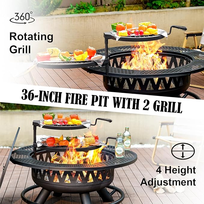36 Inch Fire Pit with 2 Grills, Large Outdoor Firepits for Outside, Wood Burning Fireplace for Camping,Picnic,Bonfire, 3-in-1 Round Metal Table with Lid for Backyard,Patio,Party