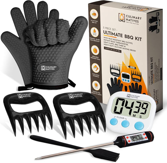 Smoker Gloves, Meat Claws, Thermometer, Timer, Brush | No.1 Heat Resistant BBQ Gloves | Meat Shredder Claws | Silicone Grill Gloves and Pulled Pork Claws with Smoker Accessories Kit & Tools (Black)