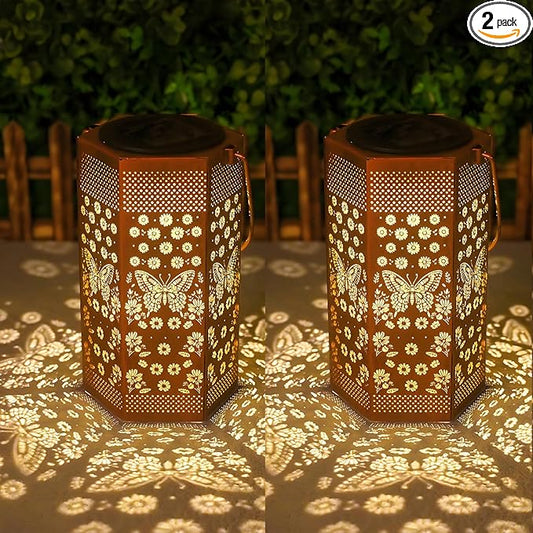 2 Pack Butterfly Solar Lanterns Garden Decor - Birthday Gifts for Women Mom Grandma, Butterflies Solar Lantern Outdoor Waterproof Hanging Solar Lights Outside for Yard, Patio, Lawn, Yard