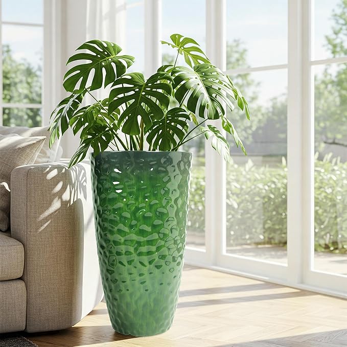 Worth Garden 14" Dia x 24" H Large Plastic Planters with Drainage Hole, Set of 2 Hammered Texture Green Glossy Smooth Finish, Tall Round Decorative Flower Plant Pot for Indoor Outdoor, Front Porch