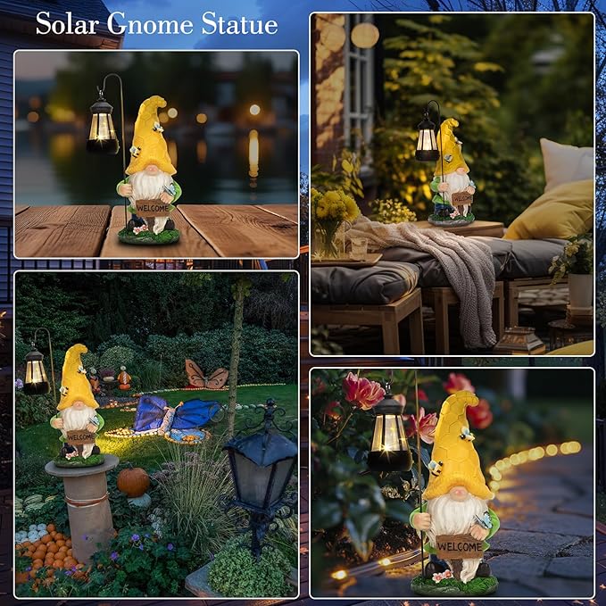 12.6'' Solar Large Garden Gnomes Outdoor Statues with Lantern, Welcome Gnome Garden Outdoor Decor Gift Waterproof Decoration for Patio, Balcony, Yard Ornament - Unique Housewarming Gifts