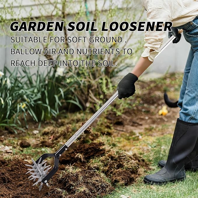 Rotary Cultivator Tool, Adjustable Garden Hand Tiller Cultivator, Long Handle Rotary Cultivator, Aerate, Weed, Plant, Garden Cultivator for Soil Mixing or Reseeding Grass