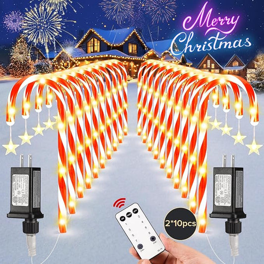 19.3in Christmas Candy Cane Lights with Adapter, 20 Pcs Pathway Light with Snowflake 8 Modes, Outdoor Christmas Decorations for Outside Path, Walkway, Driveway, Sidewalk, Porch, Yard, Garden