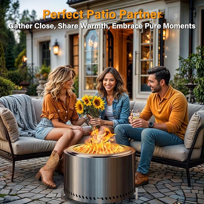 HGD 27.5" Smokeless Fire Pit with Stand, Stainless Steel Wood Burning Firepit for Friends & Family Gatherings, Secondary Combustion Outdoor Patio Stove for Garden BBQ & Bonfire