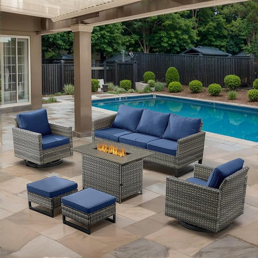 6 Piece Wicker Patio Furniture with Fire Pit Table - Outdoor Conversation Set with 50,000 BTU Fire Pit, All Weather Rattan Patio Set for Deck Backyard Garden - Grey Wicker Blue Cushion