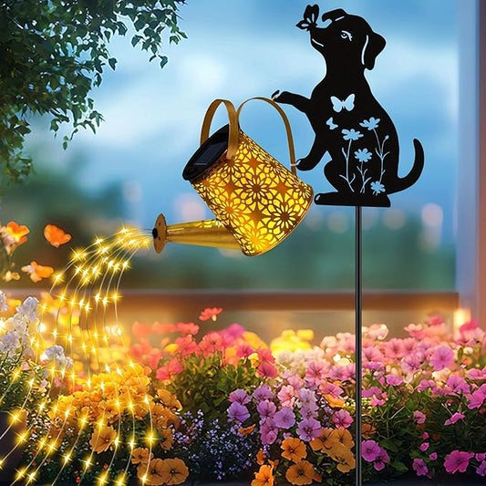 Solar Lights Outdoor Decorative, Watering Can with Cascading Lights, with Dog Silhouette Garden Stakes, Waterproof Metal Garden Decor for Yard Art, Outside, Patio, Lawn Ornaments