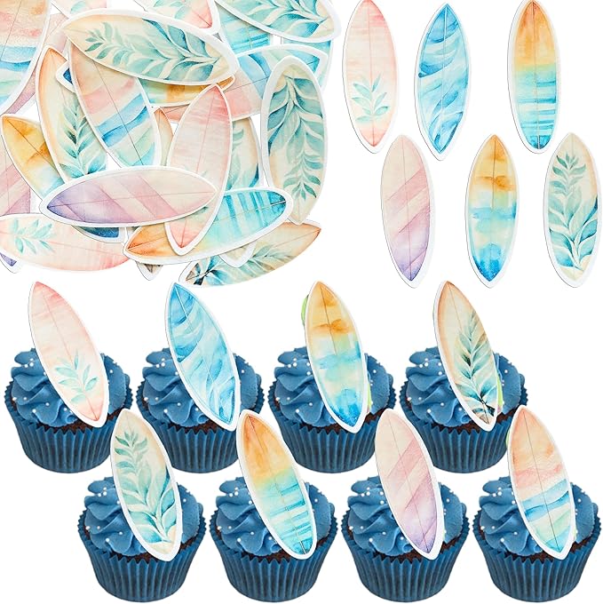 Ephlyn 54Pcs Edible Surfboard Cupcake Toppers Wafer Paper Surfboard Mini Accents for Swimming Pool Summer Beach Party Luau Birthday Baby Shower Party Supplies Blue Pink Yellow