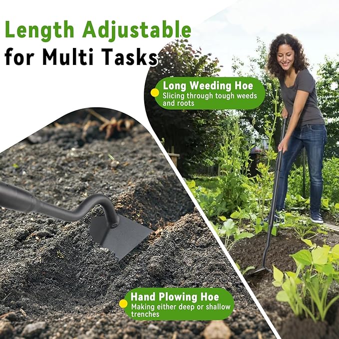 Garden Hoe, Heavy Duty Plow Hoe Garden Tool for Plowing,Cultivating, Trenching, Ridging, Weeding, Loosening Soil, 55 Inch Long Handle, V Shaped Sharp Triangle Hoe, Gardening Hand Tools