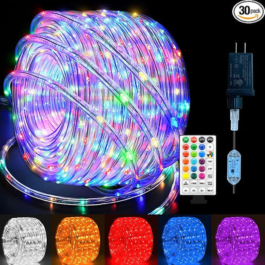 33Ft LED Rope Lights Outdoor Plug in, 16 Color Changing String Lights Indoor with Remote, 8 Modes Waterproof Fairy Lights for Outside Garden Patio Party Wedding Christmas Decoration
