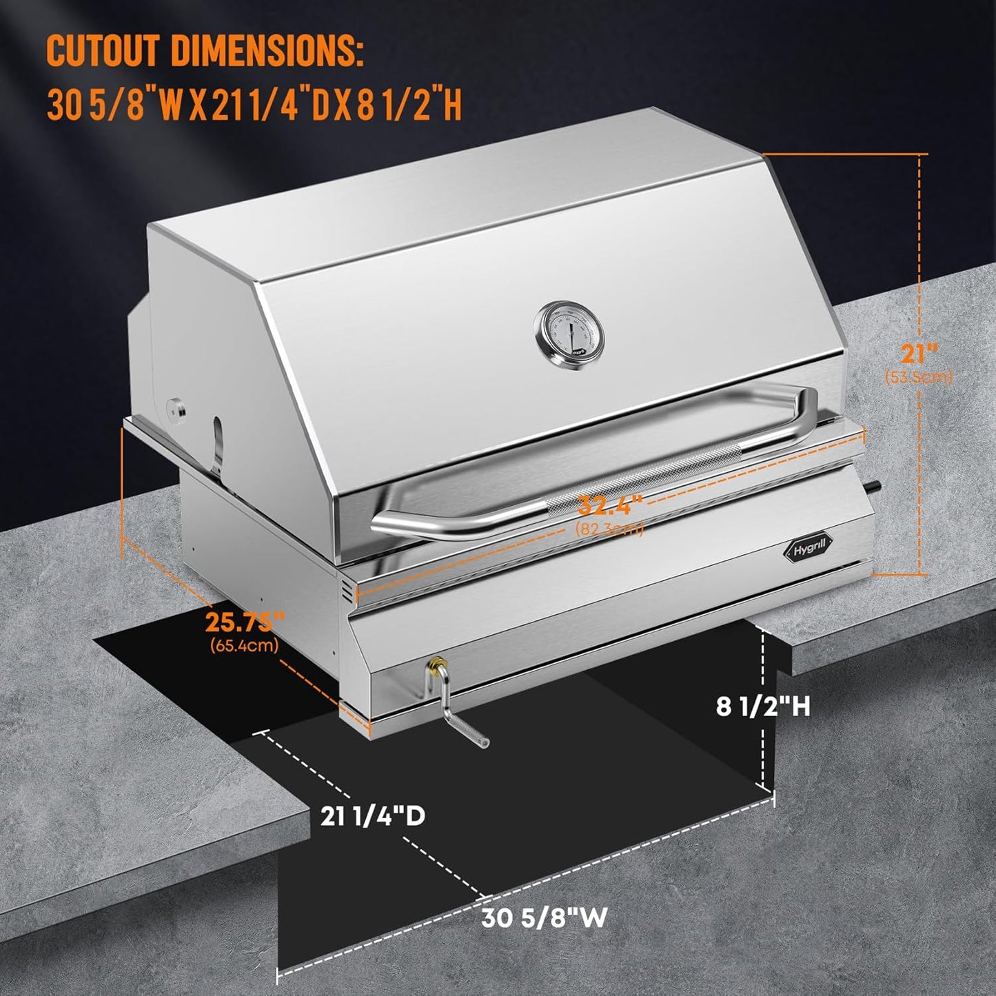 Hygrill Charcoal Grill Head for Outdoor Kitchen, 32-inch Stainless Steel Built-In Grill with Insulated Hood, Temperature Gauge and Fabric Cover