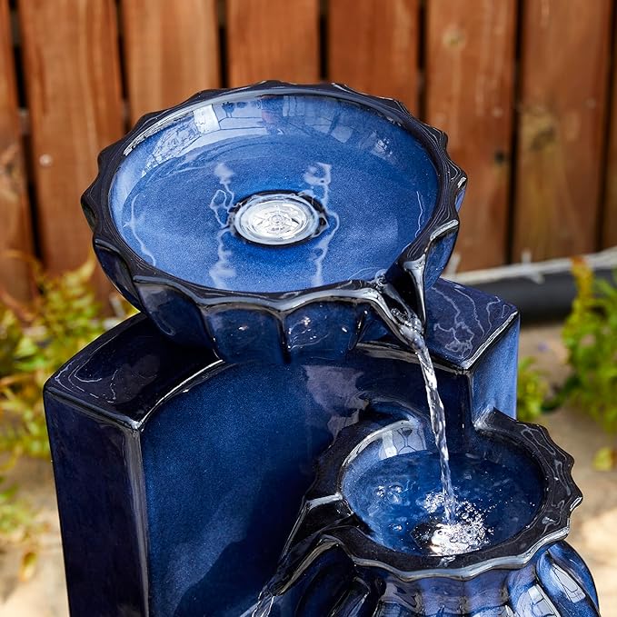 Glitzhome 26.75" H Ceramic Outdoor Water Fountain with LED Lights and Pump, Cobalt Blue Fluted Texture Cascading Waterfall Floor Standing Fountain for Porch Deck Garden Patio Backyard