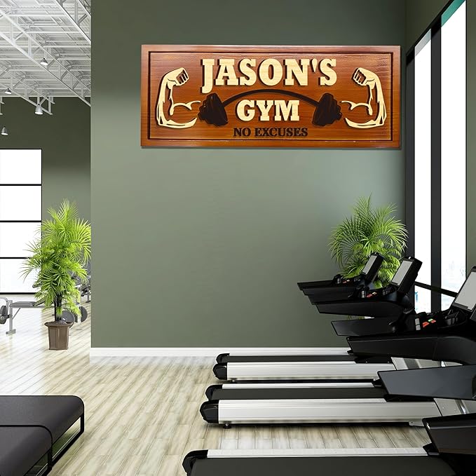 Personalized Wooden Gym Sign Custom Engraved Name Plaque Rustic Wall Decor for Home Gym Fitness Studio with Multiple Sizes and Colors