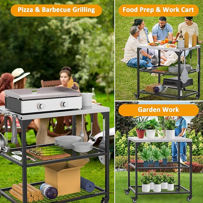 Outdoor Grill Cart,Pizza Oven Table with 4 Wheels,Three-Shelf Movable Dining Cart Table,BBQ Food Prep Work Table,Stainless Steel Flattop Grill Stand for Kitchen Backyard, with Waterproof Cover