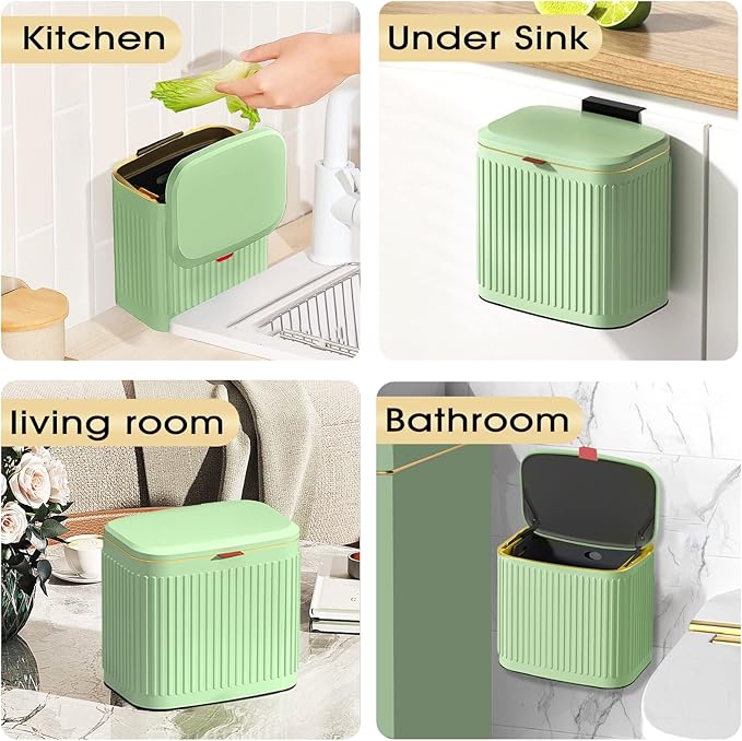 GloDeals Kitchen Small Trash Can with Lid, Compost Bin Countertop, Wall-Mounted Under Sink Hanging Trash Bin for Kitchen, Bathroom, Cabinet Trash Can (1.05 Gallon, 4L Vintage Green)
