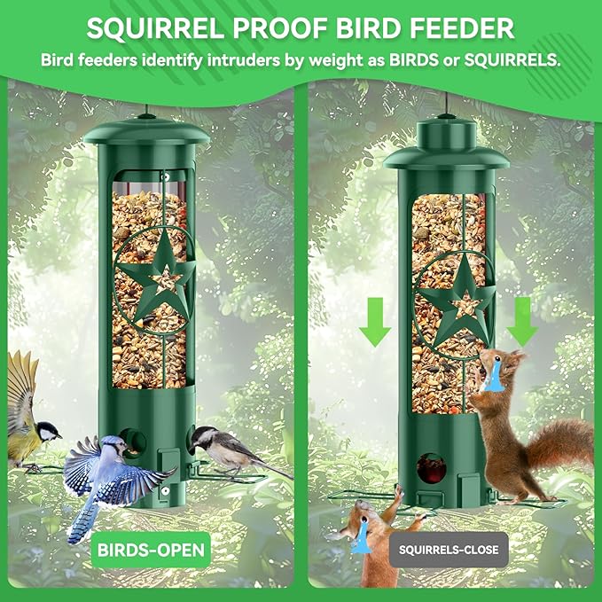 Squirrel Proof Bird Feeders for Outdoors Hanging, Metal Squirrel Proof Bird Feeder with Gravity Protection, 3LB Large Capacity Wild Bird Feeders for Outside Finch, Cardinal, Blue Jay (Green)