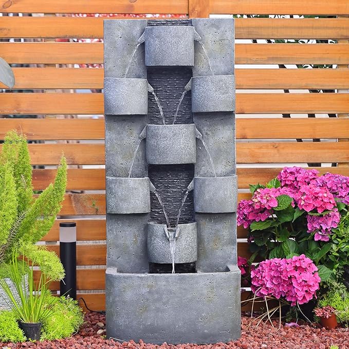 44.8" H Modern Outdoor Water Fountain with LED Lights and Pump, Mutiply-Tier Standing Cascading Waterfall - Modern Design for Garden,Patio,Yard, Multi-Level Outdoor Decor (Gray)