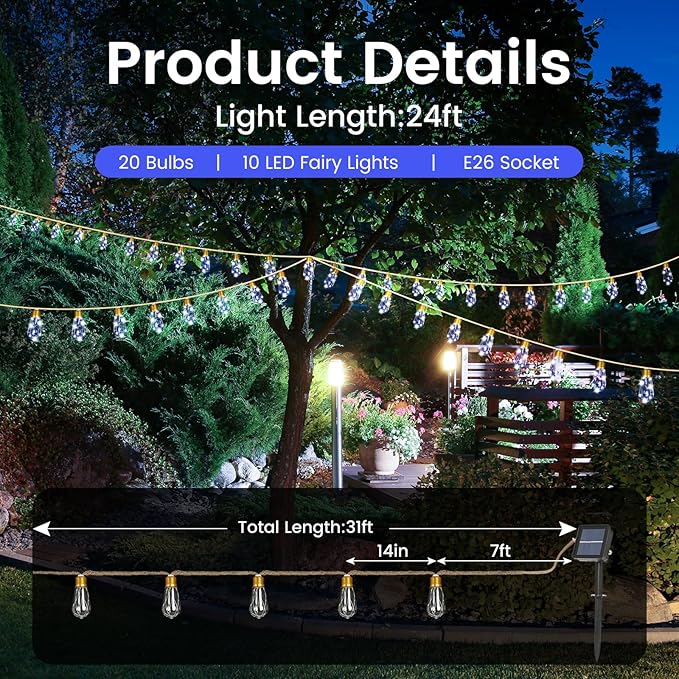 Solar Outdoor String Lights 24Ft Vintage Hemp Rope Solar Lights with 20 Shatterproof Bulbs,Solar Powered Patio String Lights with 8 Modes and Memory Function for Fence Garden Balcony Camping Bistro