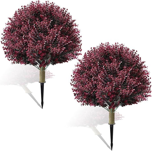 Yunlly 2 Pcs 18 Inch Artificial Boxwood Ball Topiary Tree Fake Outdoor Plants Bush, UV Resistance Faux Shrub with Spike Realistic Greenery Potted for Indoor Garden Yard Porch Patio Decor (Dark Purple)