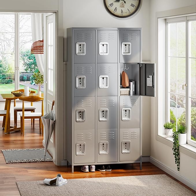 METAN Metal Storage Locker for School Office Gym Bedroom, 12 Doors Locker Cabinet for Employees, Industrial Steel Storage Locker with 12 Hooks, Assembly Required (12 Door-Light Gray)