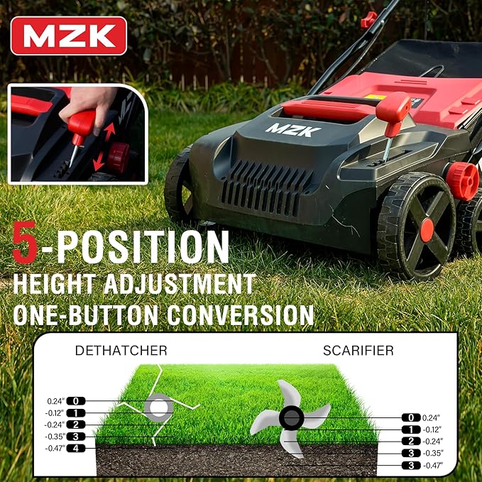 MZK 15-inch 2-in-1 Electric Dethatcher and Scarifier w/Removeable 5-Position Height Adjustment,Lawn dethatcher w/12-Gallon Thatch Collection Bag,Keep Lawn Health,DS15A03