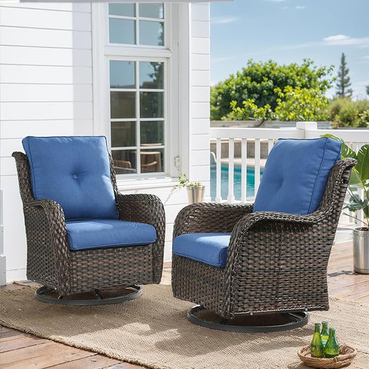 HUMMUH Outdoor Swivel Rocker Wicker Patio Chairs Set of 2, Rattan Rocking Chair Furniture Set(Brown,Blue)