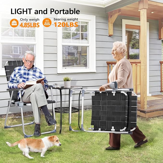 VINGLI Aluminum Oversize Patio Lawn Chairs Folding Set of 2 with Detachable Cup Holder, Webbed Beach Chair Folding Chair Outdoor Portable Camping Chair for Yard, Garden