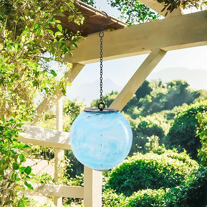 VCUTEKA Solar Chandelier Outdoor, Hanging Glass Solar Light with Hook Up, Garden Lanterns Decor for Yard, Tree and Patio, Blue