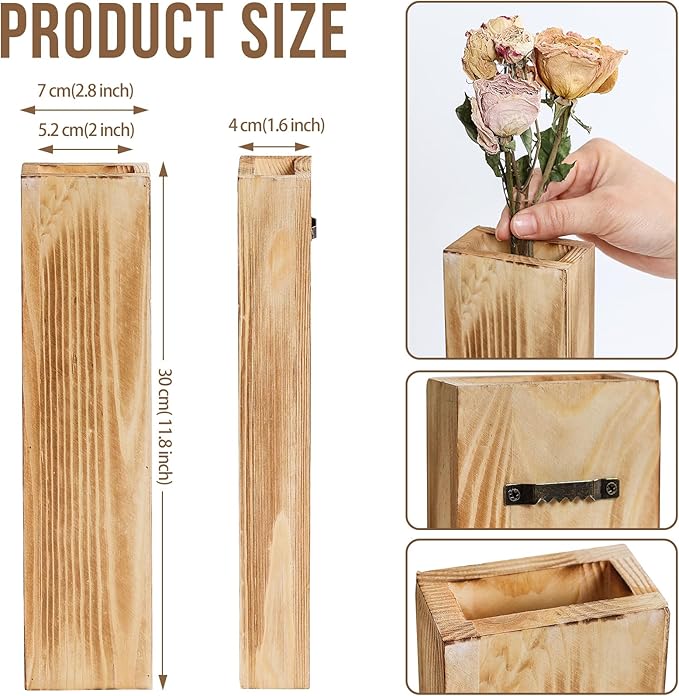 Wooden Wall Planter Set of 4 - Modern Home Decor for Living Room, Bedroom, Bathroom - Vintage Finish Planter for Dried Flowers, Faux Greenery, Indoor Plants