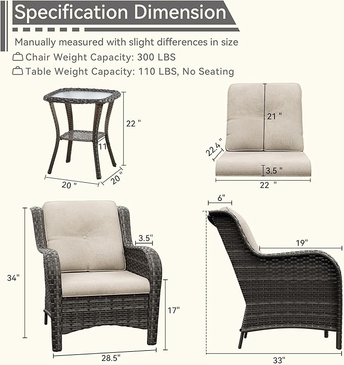 3 Pieces Outdoor Patio Chairs Set - Wicker Patio Conversation Sets with 1 Side Table, Olefin Fabric Cushions Suitable for Backyard Deck and Porch,Beige