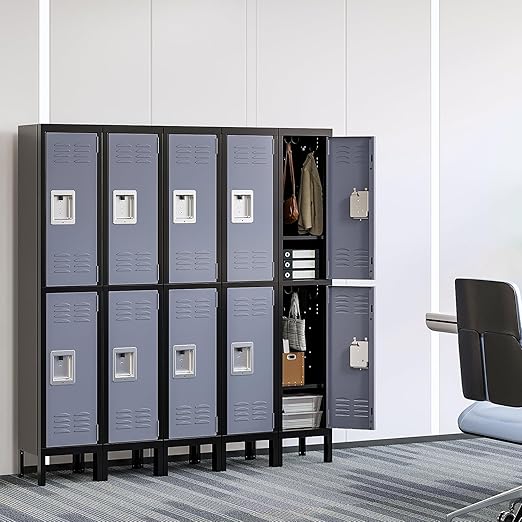 Yizosh Metal Lockers for Employees with Lock, Employees Locker Storage Cabinet with 2 Doors, Tall Steel Storage Locker for Gym, School, Office (Gray Black, 2 Door)